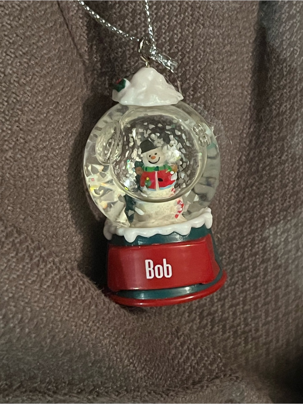 Holiday Snowman Snow Globe Ornament in Red and Green - Personalized 'Bob'